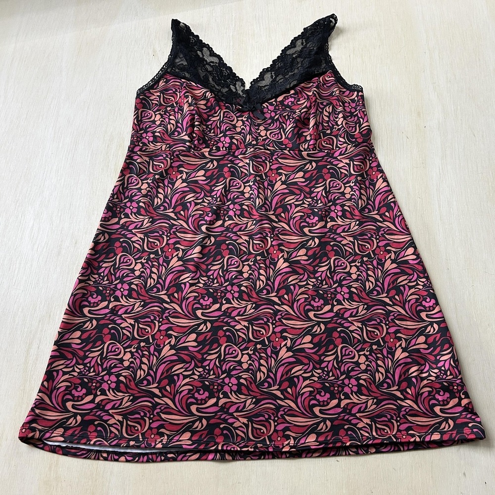 Mix & Co Gown Womens Medium Black Pink Satin Floral Lace Chemise Sleepwear